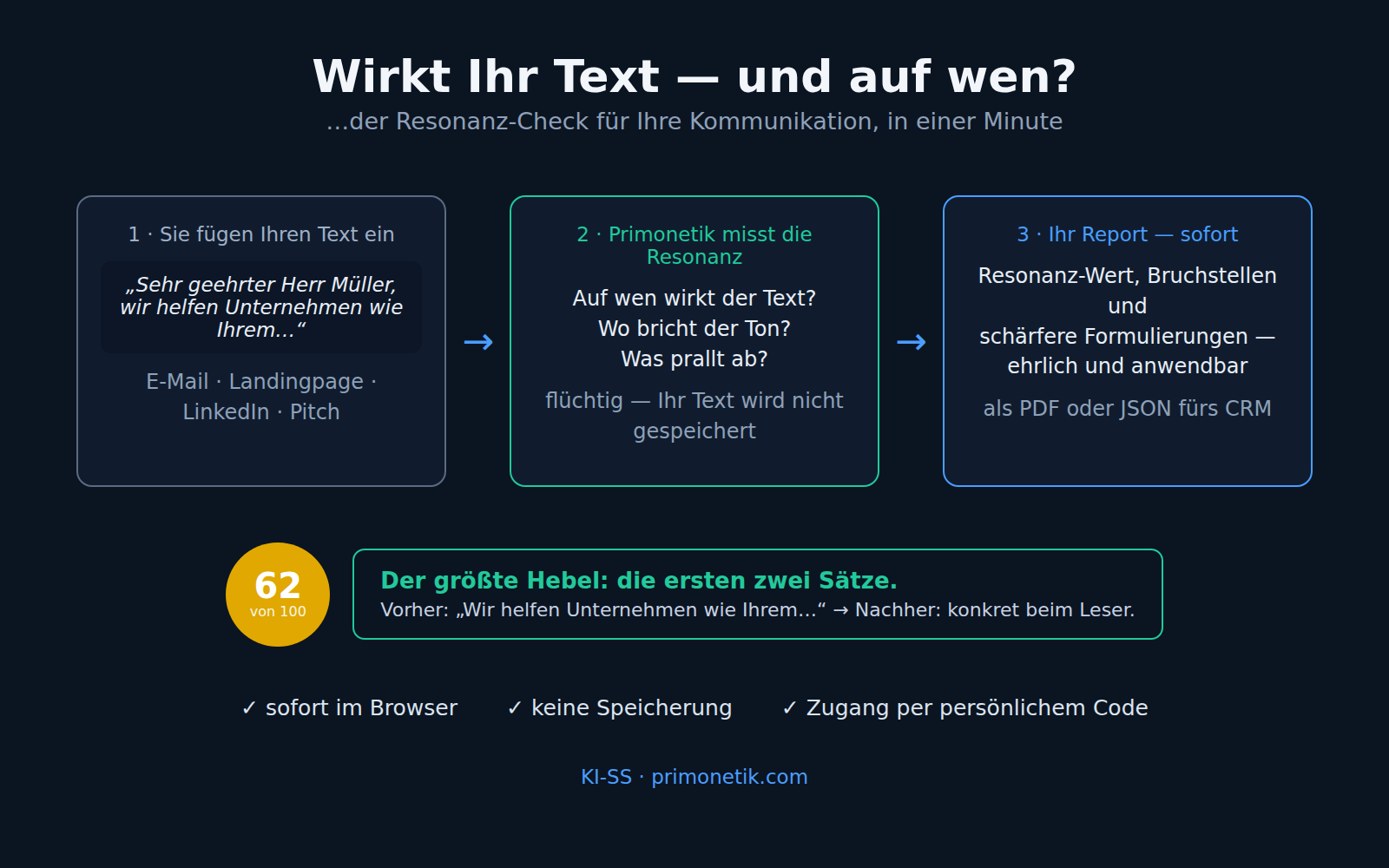 Schaubild: Text einfügen, Primonetik misst die Resonanz, Report mit Wert, Bruchstellen und Umformulierungen